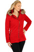 Dámský červený kabátek s kožešinou na kapuci
