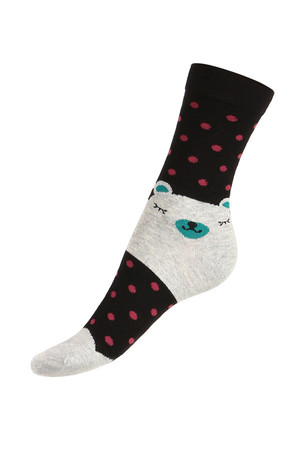 Dámské puntíkované ponožky s medvědem. Materiál: 85% bavlna, 10% polyamid, 5% elastan.