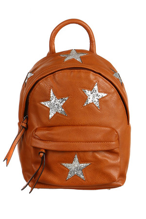 Originální dámský koženkový batoh zdobený hvězdami z flitrů. Hlavní kapsa na zip. Uvnitř jedna malá kapsa na zip