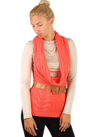 Dámská pletená vesta bez zapínání,s hlubokým výstřihem,doplněna koženkovým páskem. Materiál: 70% akryl, 30%
