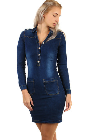 Tmavě modré dámské džínové šaty s výraznými kapsami a dlouhým rukávem. Materiál: 98% bavlna, 2% elastan.