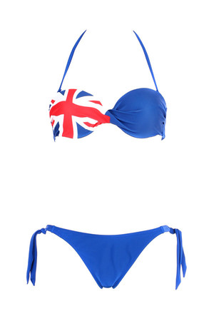Dámské dvoudílné plavky - modré s britskou vlajkou. Zavazování za krkem a na zádech.Košíčky mají kostice a