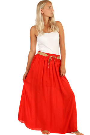 Jednobarevná letní maxi sukně s kapsami a páskem. Sukně má všitou spodničku a pružný, širší pas, kterým je
