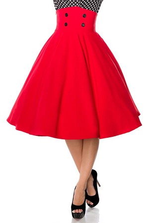 Dámská kolová jednobarevná sukně ve stylu pin-up. Vysoký pas je ozdobený knoflíky. Zapínání na zip skrytý v
