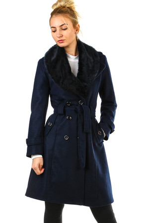 Flaušový dámský kabát jednobarevné provedení áčkový střih límec s odnímatelnou kožešinou knoflíkové