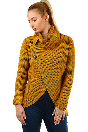 Pletený dámský svetr s knoflíky delší střih na předním díle zavinovací vzhled s falešnou knoflíkovou légou ve