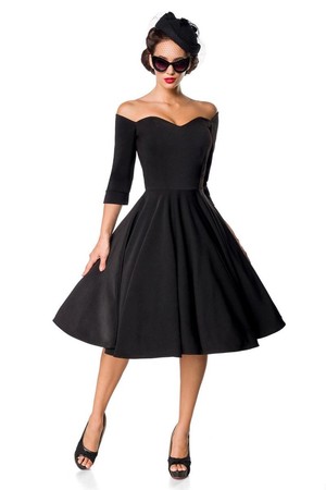 Elegantní černé společenské šaty retro styl 3/4 rukáv výstřih Carmen do písmene V ozdobný pásek, který lze