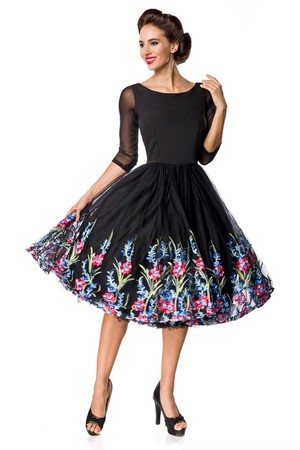 Společenské černé šaty s tylovou vyšívanou sukní kulatý výstřih 3/4 síťovaný rukáv vrstvená kolová sukně