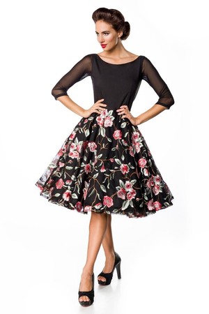 Černé luxusní šaty s tylovou vyšívanou sukní kulatý výstřih 3/4 síťovaný rukáv vrstvená kolová sukně tylová