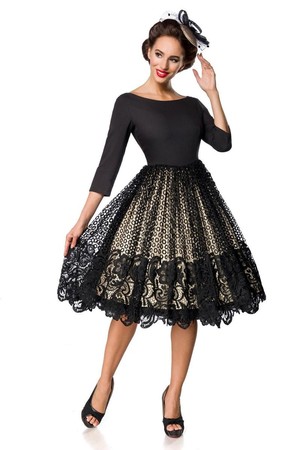 Společenské krajkové dámské šaty luxusní vzhled retro styl lodičkový dekolt 3/4 rukáv kolová bohatá sukně v