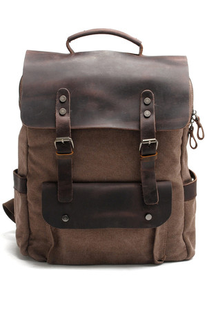 Vintage městský batoh s koženými detaily na zip a patentky klopy z pravé kůže uvnitř podšívka, 2 kapsy a