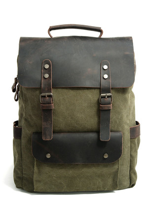 Vintage městský batoh s koženými detaily na zip a patentky klopy z pravé kůže uvnitř podšívka, 2 kapsy a