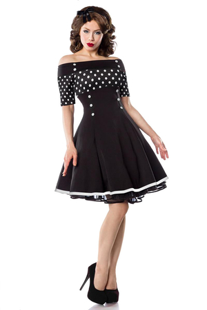 Retro dámské šaty s odhalenými rameny černé s bílými puntíky na vrchním dílu a krátkém rukávu dekolt Carmen