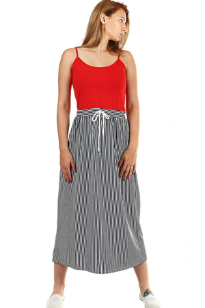 Letní maxi dámské proužkované šaty delší střih úzká ramínka, bez rukávu kulatý výstřih jednobarevný vrchní