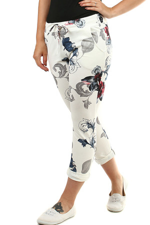 Vzorované dámské 7/8 bavlněné kalhoty zkrácená délka nohavic v bílé barvě s barevným ornamentem normální