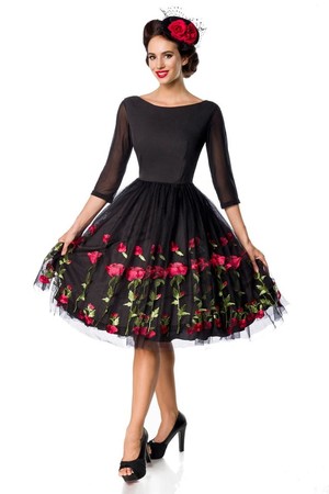 Vintage dámské černé luxusní šaty s výšivkou růží lodičkový výstřih 3/4 síťovaný rukáv vrstvená bohatá