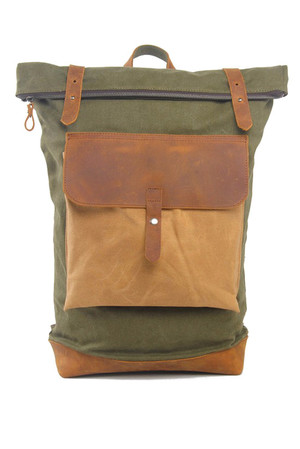 Plátěný rolovací velký batoh s koženými detaily módní retro design hlavní oddíl se zapínáním na zip a ohnutí s