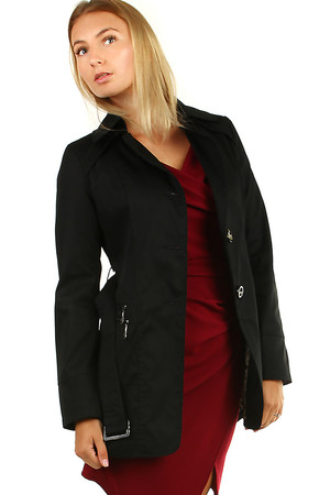 Krátký dámský kabátek - trenčkot s jednou řadou knoflíků na přechodné období nebo mírnou zimu na každé straně