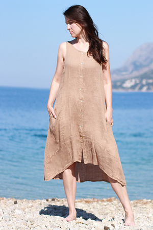 Letní dámské lněné šaty s knoflíky jednobarevné provedení midi délka bez rukávu na úzká ramínka kulatý