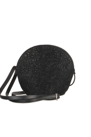 Dámská kožená kulatá kabelka s celoplošným květinovým reliéfem zajímavý vzor originální, dobře držící tvar