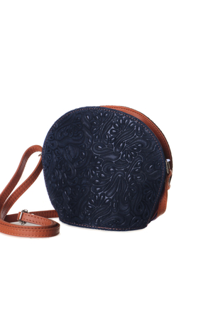 Dámská kožená kulatá kabelka s celoplošným květinovým reliéfem zajímavý vzor originální, dobře držící tvar