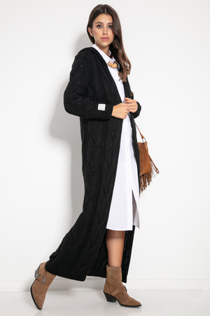 Dámský pletený kabát s vlnou kardigan jednobarevné provedení v extra délce na zem dlouhé rukávy kapuce copánkový