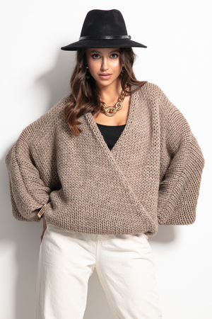 Oversized dámský zavinovací svetr s pravou ovčí vlnou a alpakou pohodlný střih jednoduchá pletenina bez vzoru
