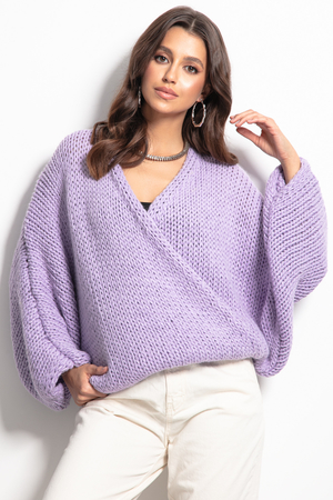 Oversized dámský zavinovací svetr s pravou ovčí vlnou a alpakou pohodlný střih jednoduchá pletenina bez vzoru