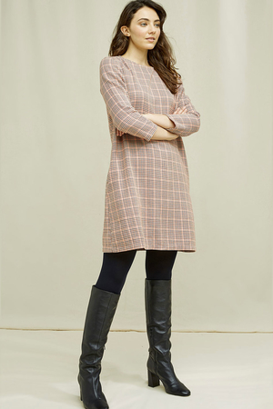 Univerzální dámské áčkové šaty se vzorem kostek kohoutí stopa kostky áčkový střih kulatý výstřih knoflíky na