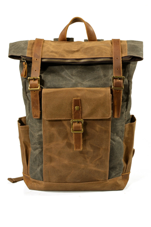 Plátěný rolovací velký batoh s koženými detaily módní retro design hlavní oddíl se zapínáním na zip a ohnutí s