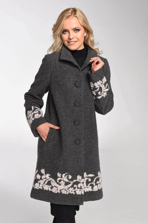 Dámský stylový kabát z vlny s kontrastním vzorem áčkový střih zapínání na knoflíky nízký límec výpustkové