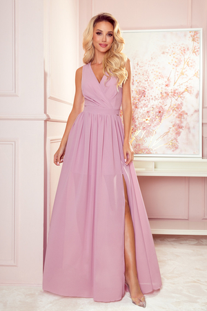 Dlouhé elegantní šaty jednobarevné maxi délka šifónová sukně s rozparkem spodnička končí v půli stehen