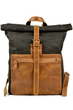 Prostorný rolovací voděodolný batoh z plátna a s koženými detaily vnitřní podšívka vnitřní vypolstrovaná kapsa
