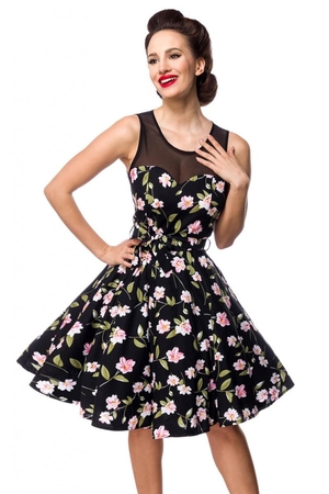 Dámské šaty s květy v mladistvém pin-up stylu bohatá kolová sukně sukně na kolena úzký pas kulatý výstřih