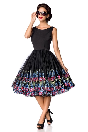 Společenské černé šaty s tylovou vyšívanou sukní kulatý výstřih bez rukávů široká rmínka vypasovaný