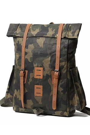 Pánský voděodolný, voskovaný batoh v army stylu maskáčový vzor kompletní podšívka vypolstrovaná přihrádka na