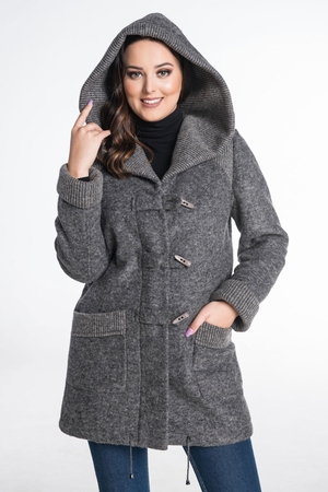 Dámský vlněný kabát duffel coat jednobarevný přepínací zapínání podlouhlými knoflíky skrytý zip pod légou