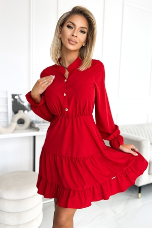 Červené šaty nad kolena jednobarevné nízký stojáček dlouhé rukávy s gumičkou na zápěstí propínací horní díl