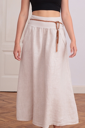 Pohodlná lněná sukně jednobarevná vyšší, pružný, žebrovaný pas poutka na pásek klínové kapsy s volným