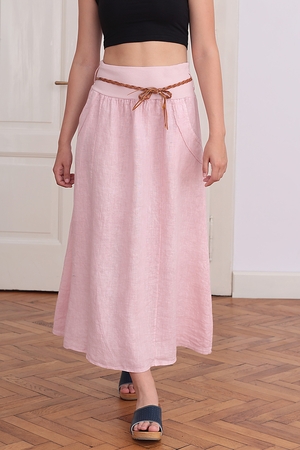 Pohodlná lněná sukně jednobarevná vyšší, pružný, žebrovaný pas poutka na pásek klínové kapsy s volným