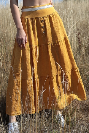 Dámská dlouhá volánová romantická sukně jednobarevná široký pas z hladké pruženky v pase protažená guma boční